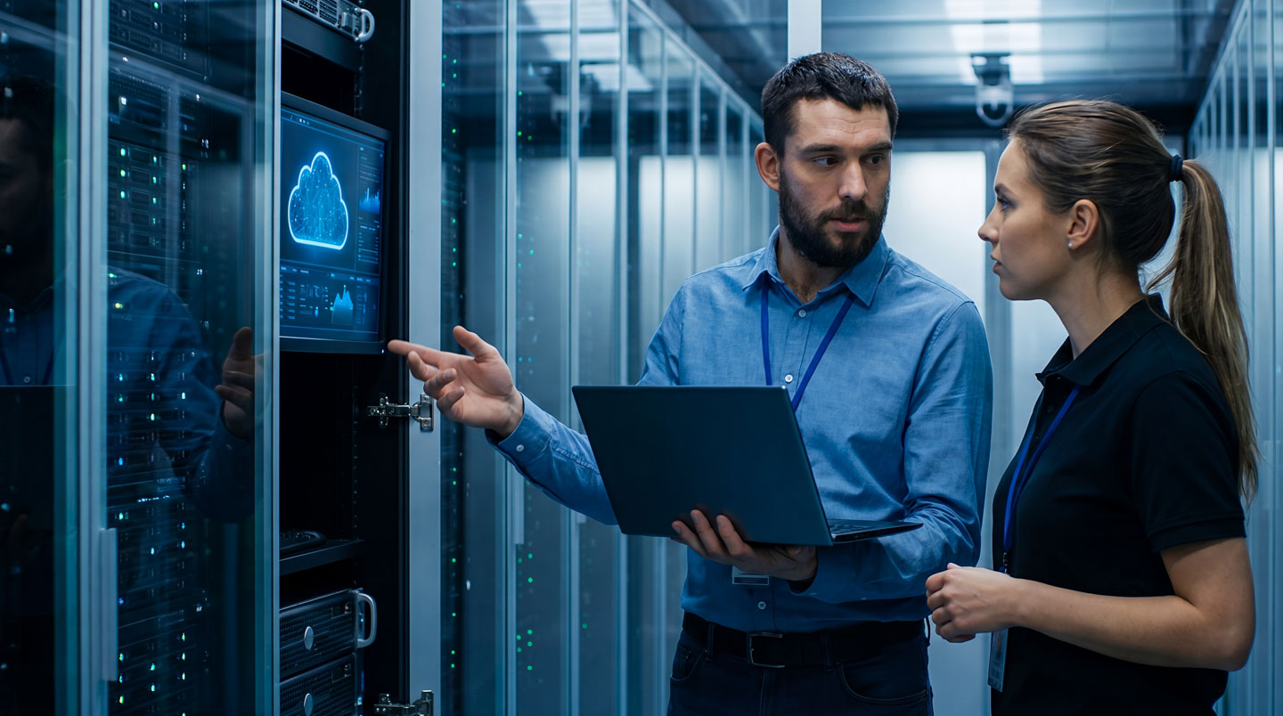 Technicien IT effectuant une maintenance préventive sur une baie serveur dans un datacenter moderne, écran de diagnostic en main